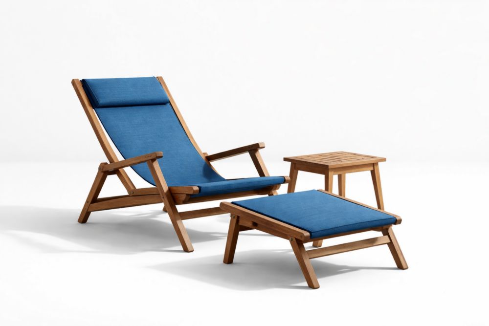 Outdoor Acacia Lounge Chair Set with Polyester Cushions Blue