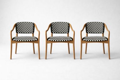 Wood Dining Chairs Set with Checkered Fabric Upholstery 3-Piece Natural Black/White