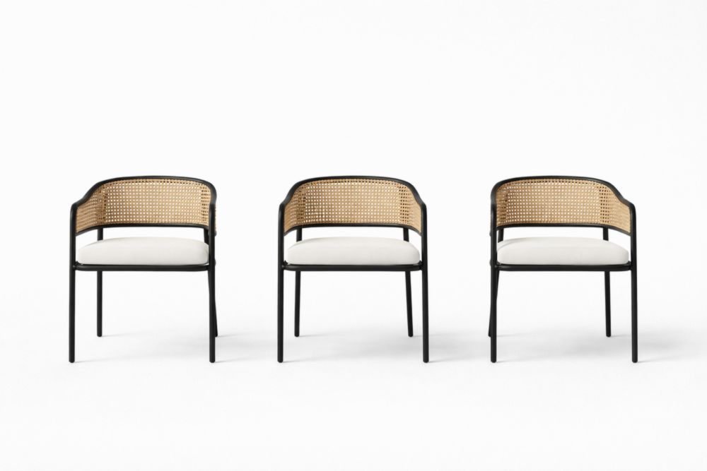 Set of 3 Metal Frame Cane Back Dining Chairs with Cushions Black/Natural