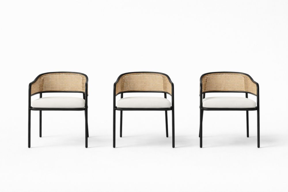 Set of 3 Metal Frame Cane Back Dining Chairs with Cushions Black/Natural