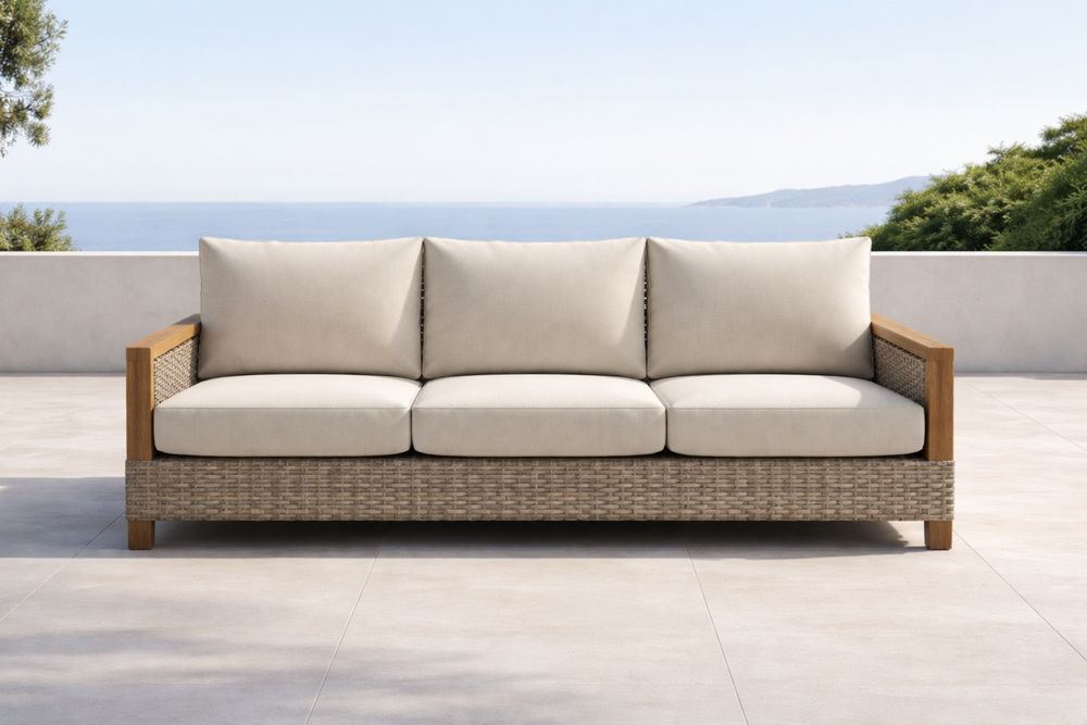Outdoor Patio Sofa 3-Seater Wicker Teak Beige Cushions