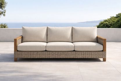 Outdoor Patio Sofa 3-Seater Wicker Teak Beige Cushions