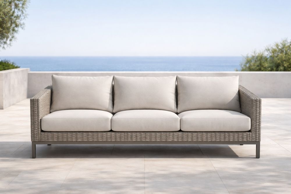 Outdoor Wicker Sofa with Three-Seat Beige Cushions