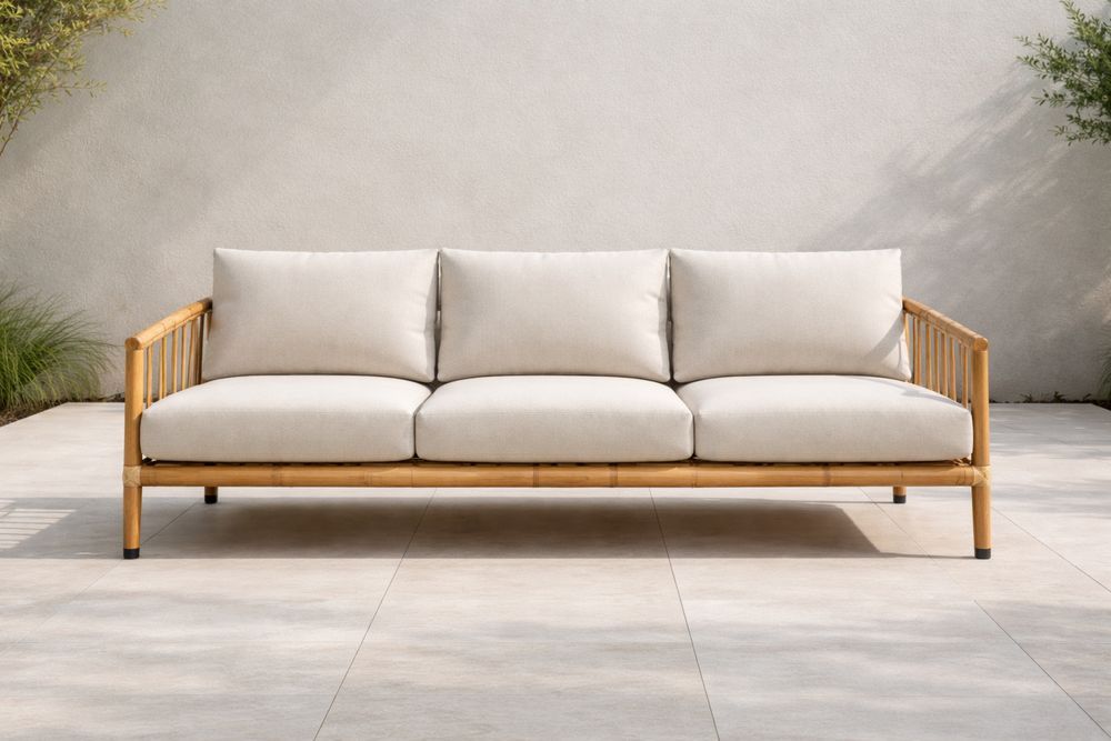 Outdoor Bamboo Frame Sofa with Beige Cushions