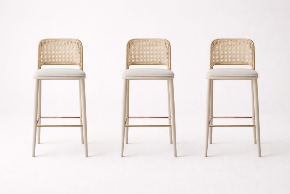 Set of 3 Rattan and Fabric Bar Stools Light Neutral 97cm