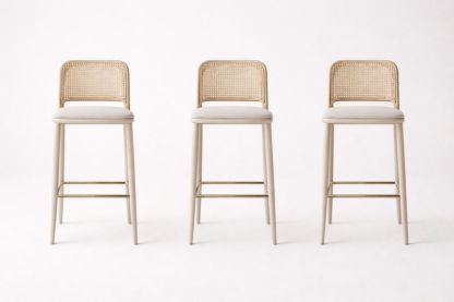 Set of 3 Rattan and Fabric Bar Stools Light Neutral 97cm