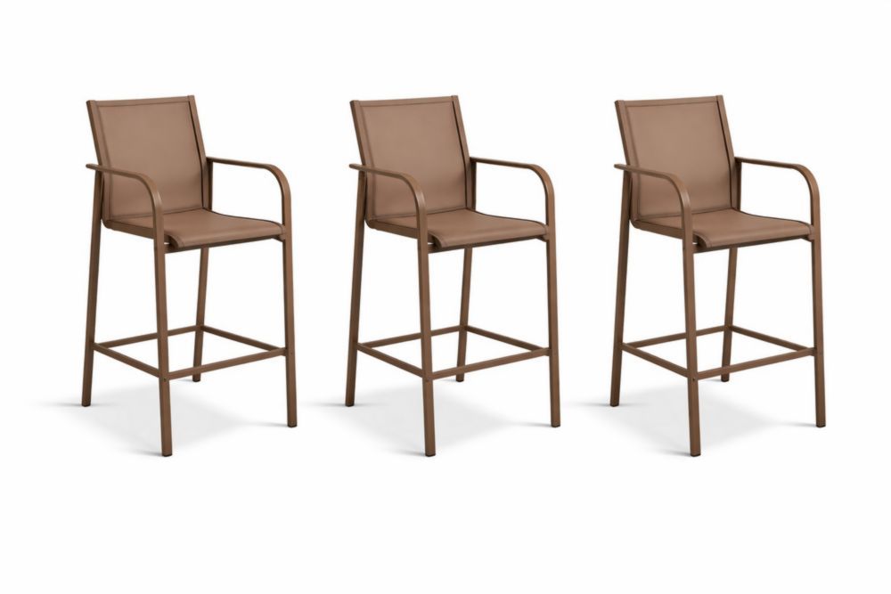 Set of 3 Brown Metal Bar Stools with Armrests and Faux Leather Seats
