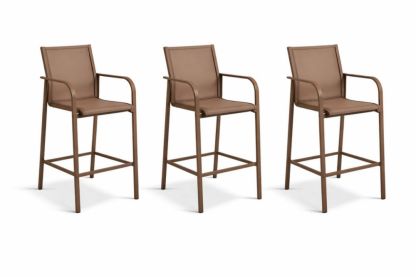 Set of 3 Brown Metal Bar Stools with Armrests and Faux Leather Seats