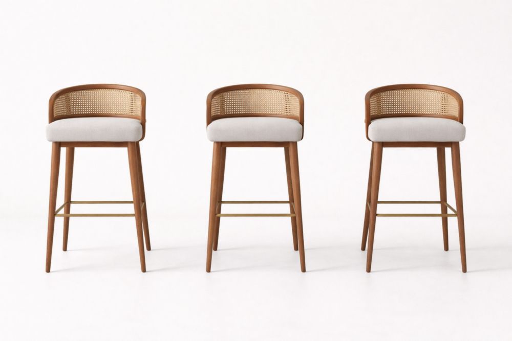 Set of 3 Wood and Rattan Bar Stools with Polyester Cushions