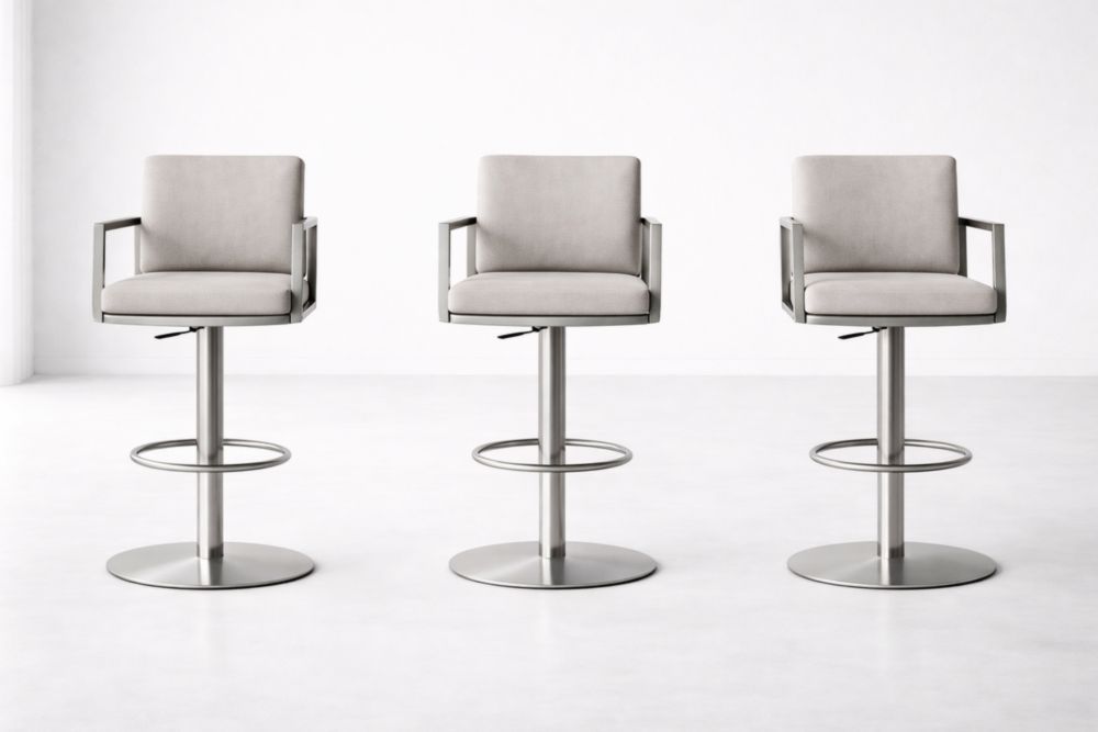 Set of 3 Adjustable Swivel Bar Stools with Arms and Footrest in Stainless Steel and Gray Upholstery