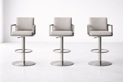 Set of 3 Adjustable Swivel Bar Stools with Arms and Footrest in Stainless Steel and Gray Upholstery