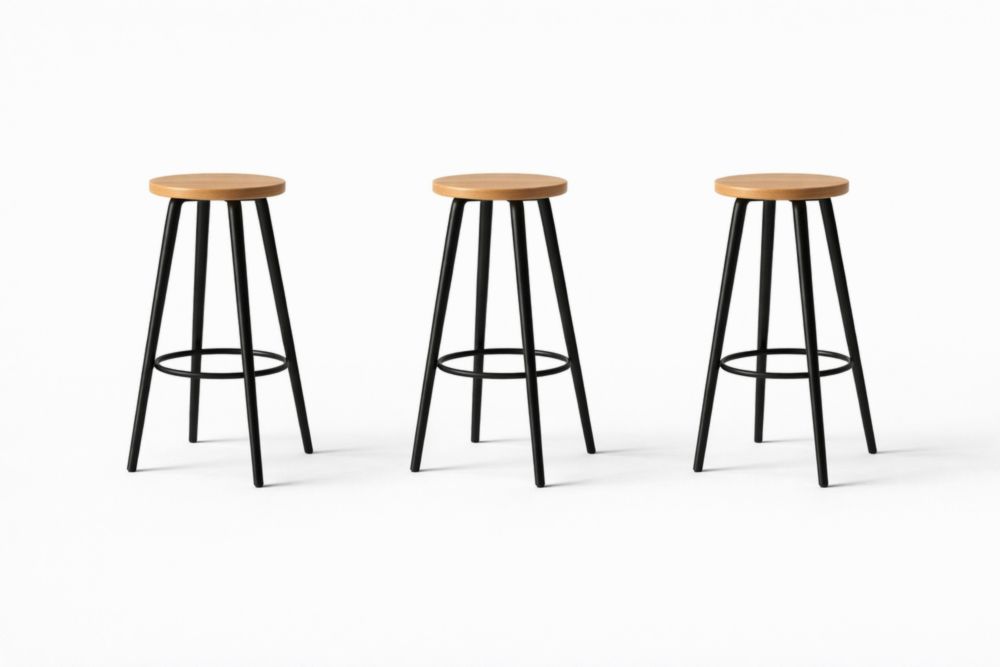 Set of Three Round Wooden Seat Black Metal Frame Bar Stools