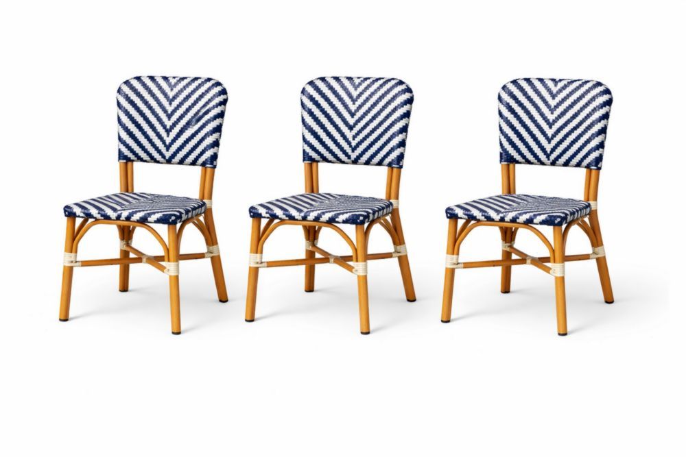 Set of 3 Chevron Pattern Rattan Dining Chairs Blue/Wood