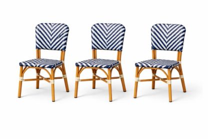 Set of 3 Chevron Pattern Rattan Dining Chairs Blue/Wood