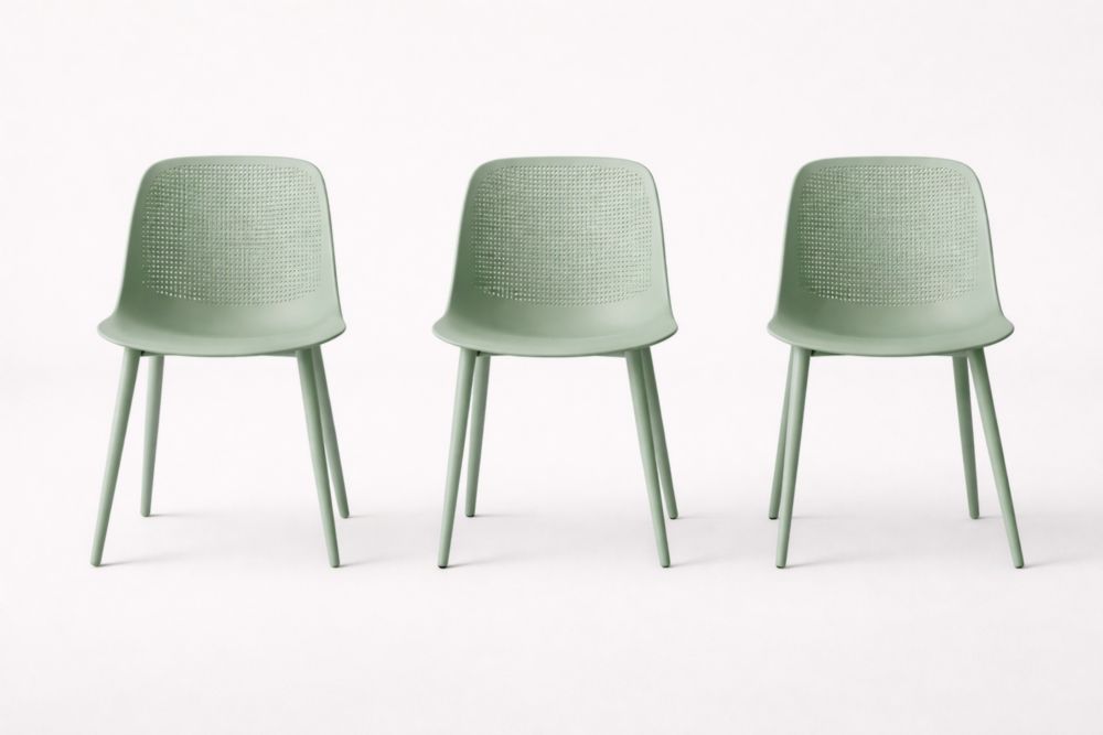 Set of 3 Mint Green Plastic Dining Chairs with Perforated Backrest
