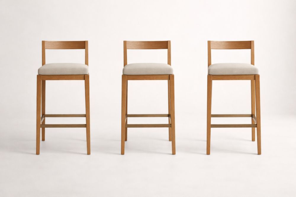 Set of 3 Oak Bar Stools with Beige Upholstered Seats