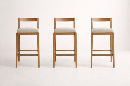 Set of 3 Oak Bar Stools with Beige Upholstered Seats