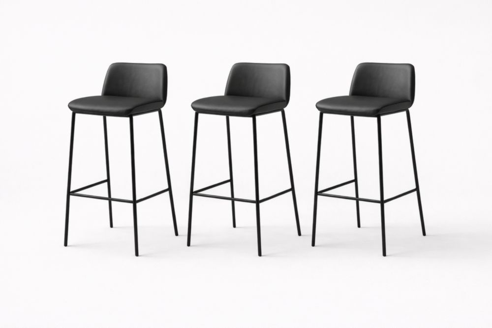 Set of 3 Black Faux Leather Bar Stools with Metal Legs