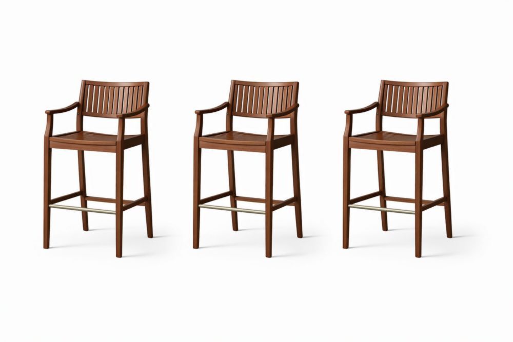 Set of 3 Brown Wooden Bar Stools with Armrests and Footrest
