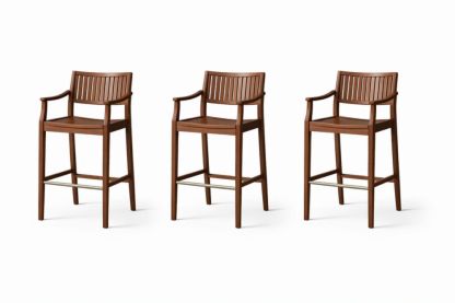 Set of 3 Brown Wooden Bar Stools with Armrests and Footrest