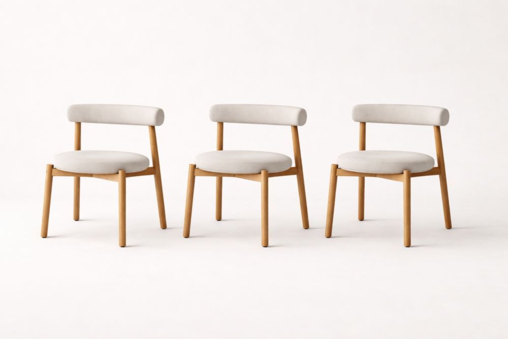 Set of 3 Dining Chairs Fabric Upholstered with Solid Wood Frame Beige