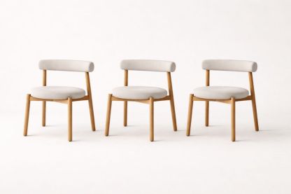 Set of 3 Dining Chairs Fabric Upholstered with Solid Wood Frame Beige