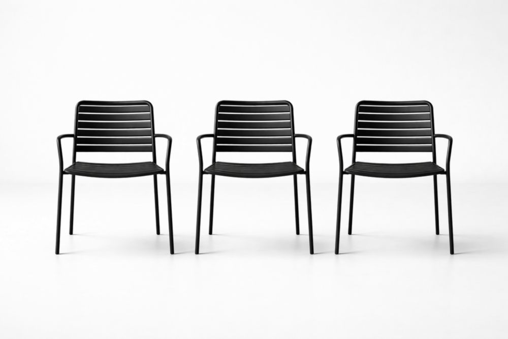Set of 3 Black Metal Stackable Armchairs-Houselora