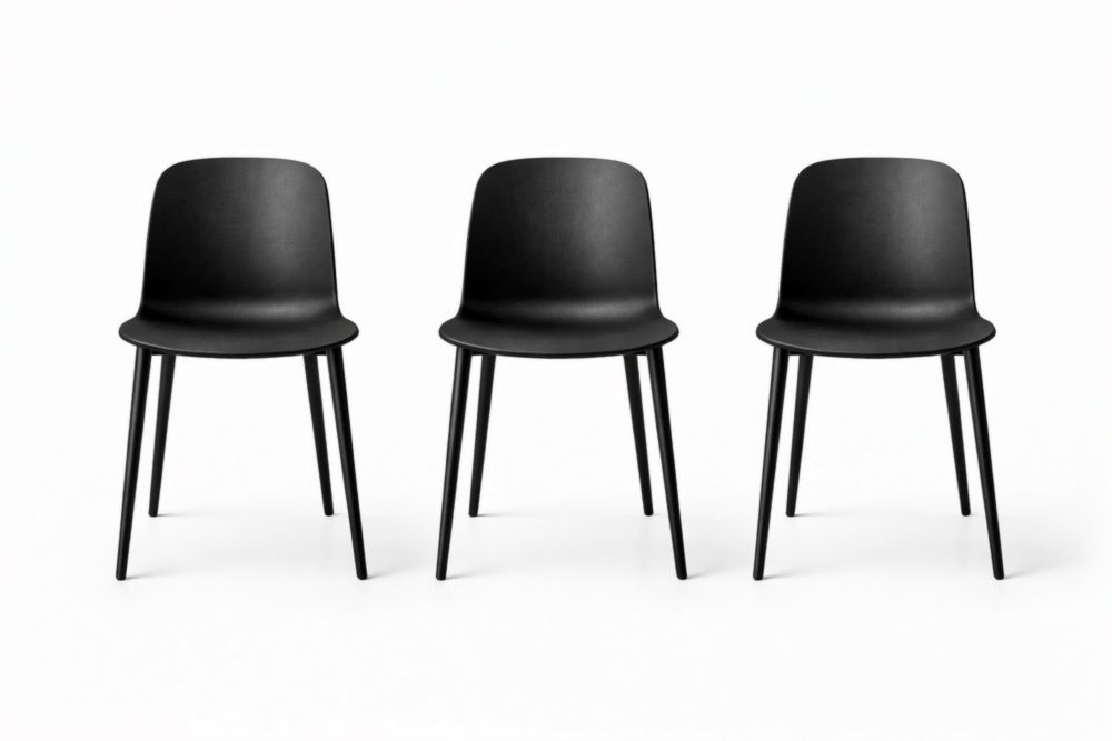Set of 3 Black Molded Plastic Dining Chairs with Metal Legs-Houselora