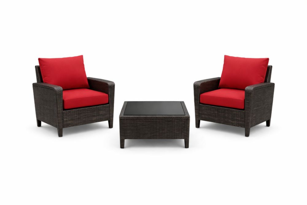 Outdoor 3-Piece Wicker Chair and Table Set with Red Cushions-Houselora