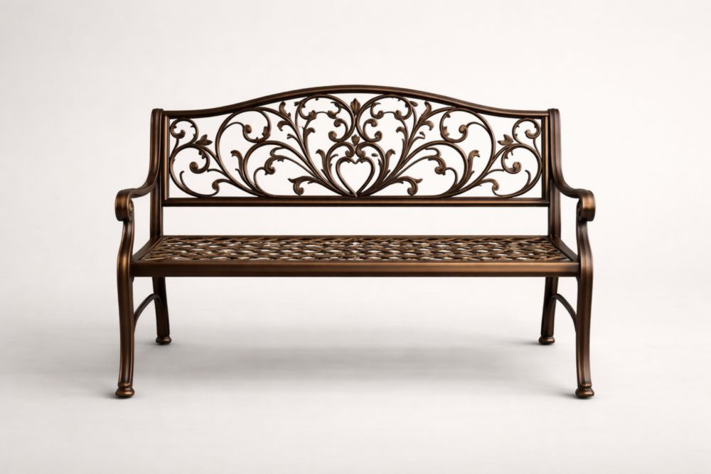 Outdoor Cast Aluminum Bench with Decorative Backrest Brown 125cm-Houselora