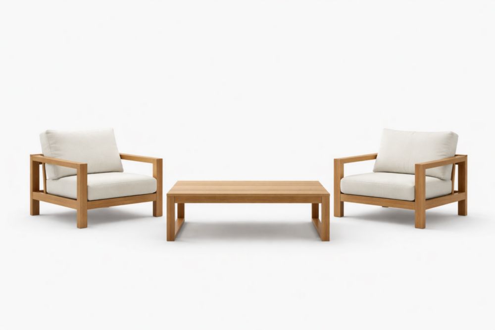 Teak Wood Outdoor Lounge Chair and Table Set with Beige Cushions-Houselora