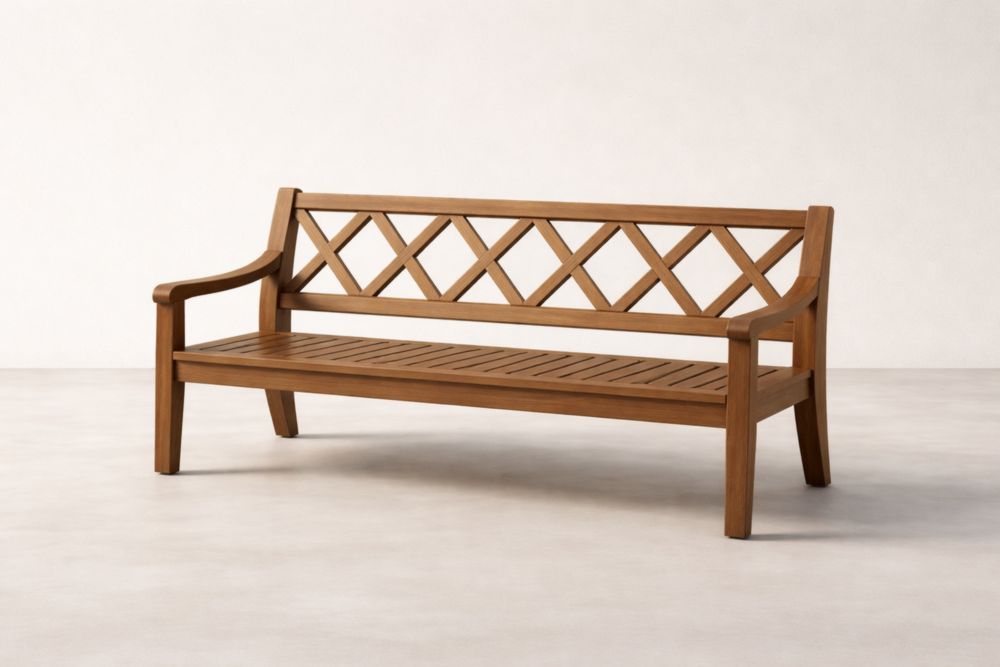 Teak Wood Outdoor Bench with Geometric Backrest, 150cm-Houselora