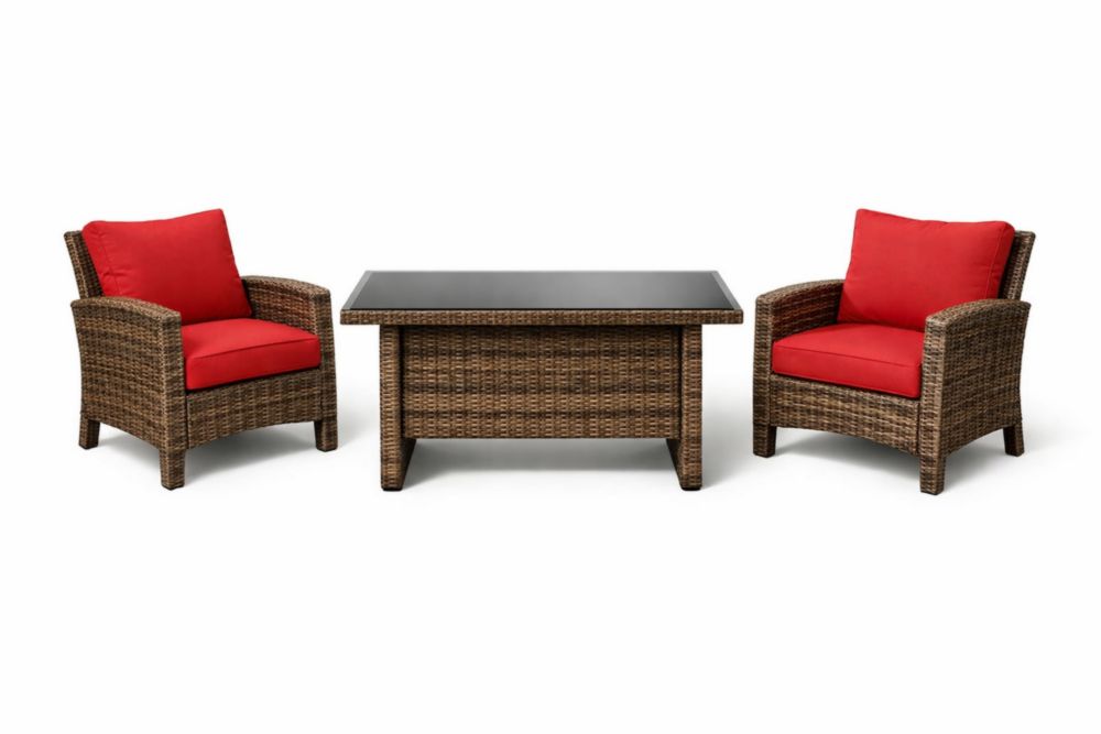 3-Piece Wicker Patio Set with Red Cushions and Glass Top Table-Houselora