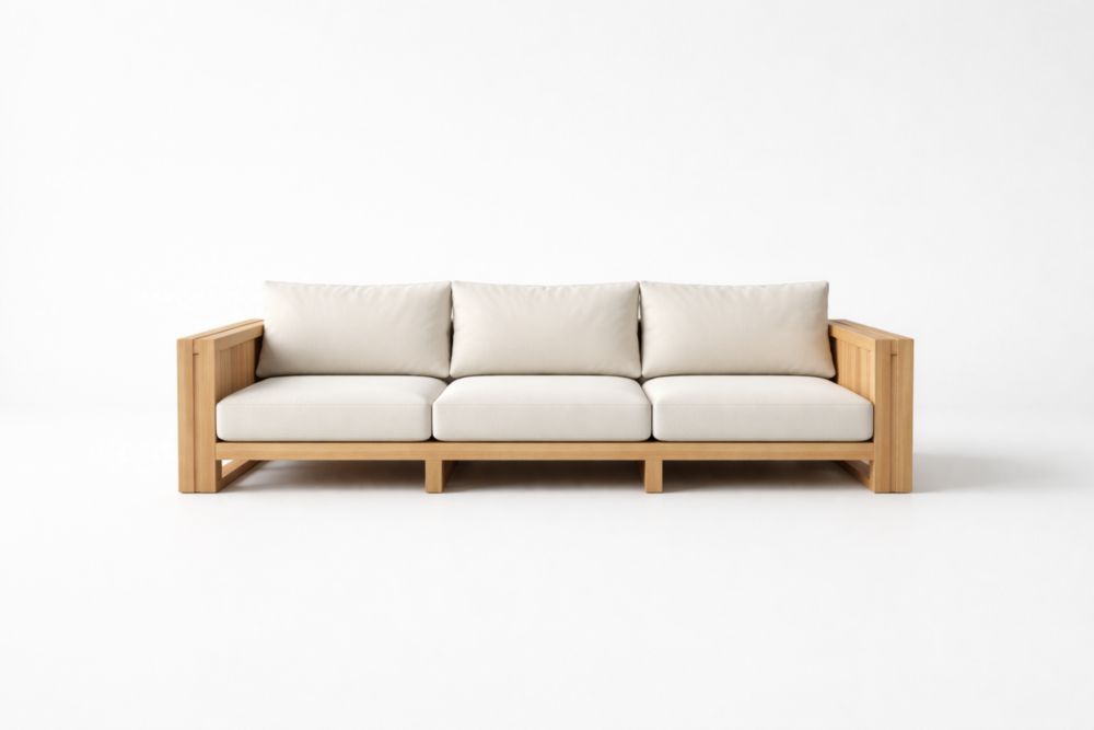 Solid Wood Frame Three-Seater Sofa with Beige Cushions-Houselora