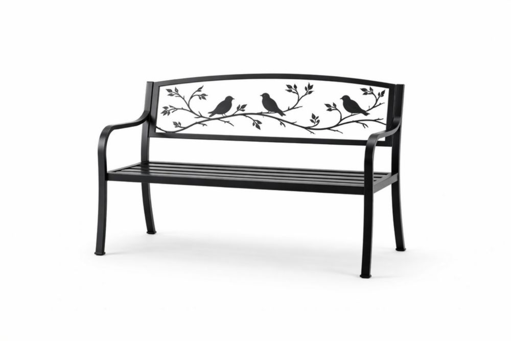Outdoor Metal Bench with Bird Pattern Backrest Black 125cm-Houselora