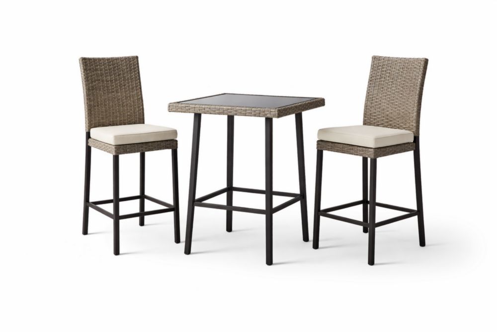 Glass Top Patio Bistro Set with Wicker Chairs and Cushions-Livomirae