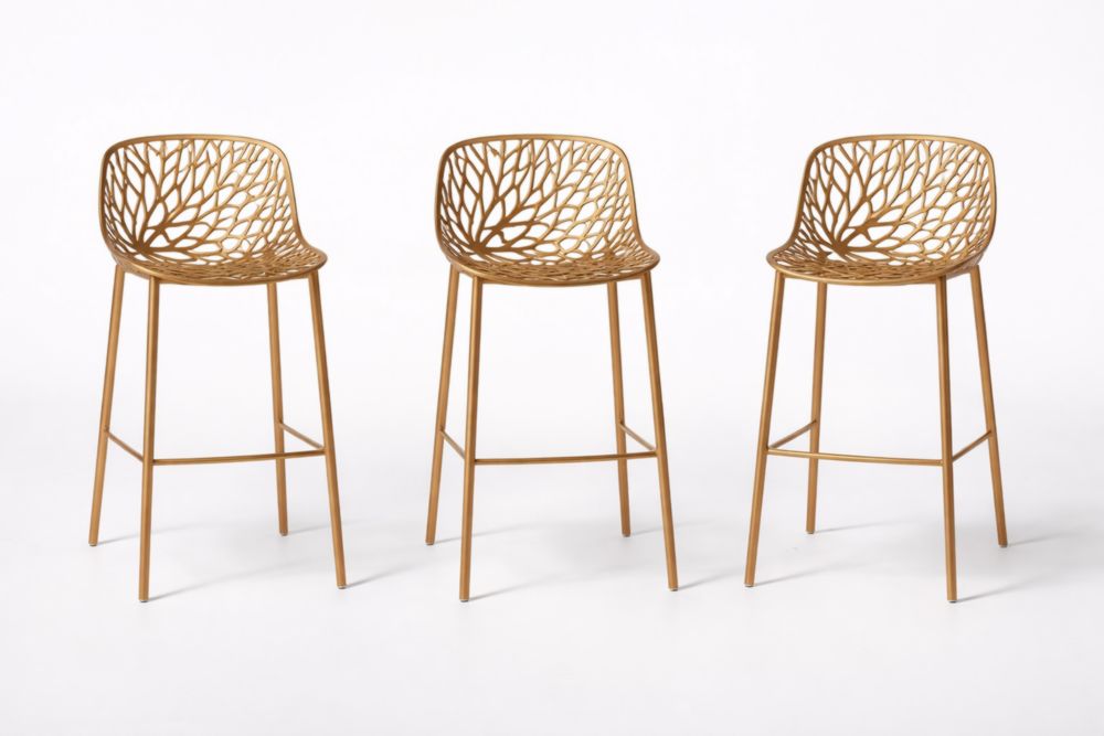 Set of 3 Gold Metal Bar Stools with Cut-Out Design-Livomirae