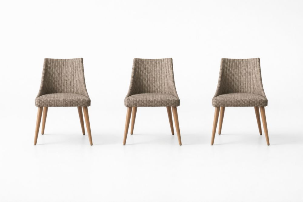 Set of 3 Woven Fabric Dining Chairs with Wooden Legs Beige-Livomirae