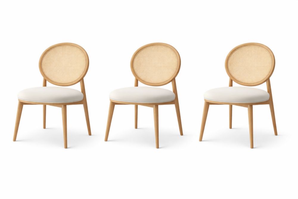 Set of 3 Wooden Dining Chairs with Round Cane Backrest-Livomirae