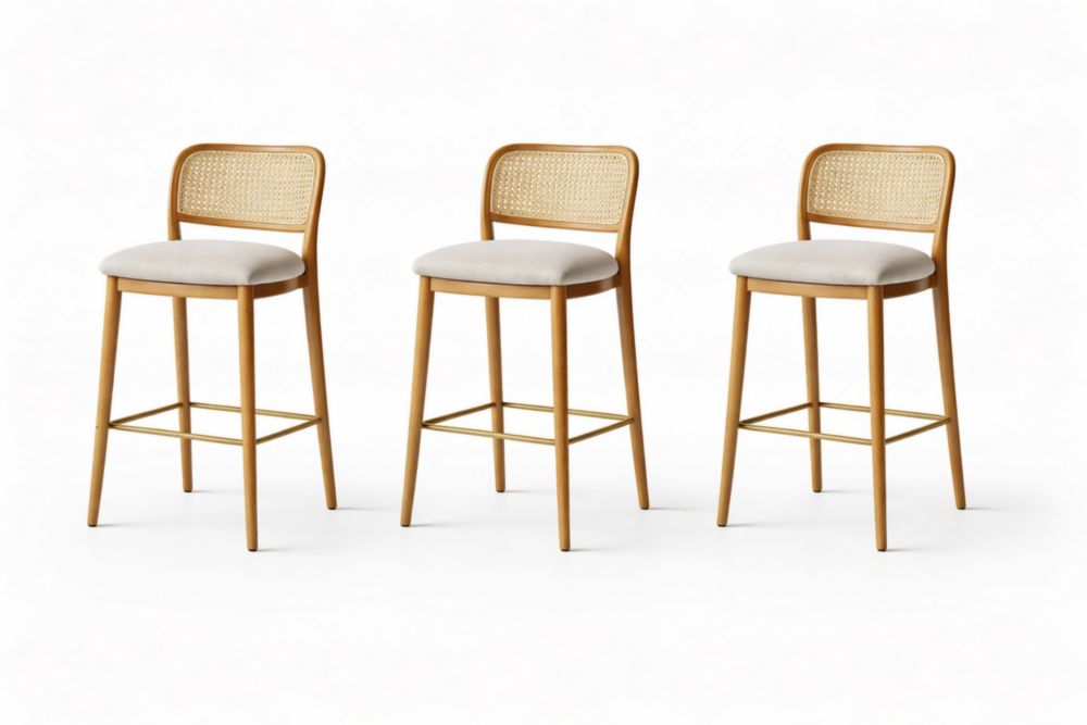 Set of 3 Wooden Bar Stools with Cane Backrest and Fabric Seat Beige 75cm-Livomirae