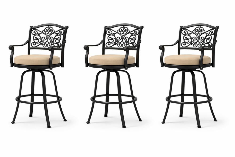 Outdoor Cast Aluminum Swivel Bar Stools with Cushions Set of 3-Livomirae