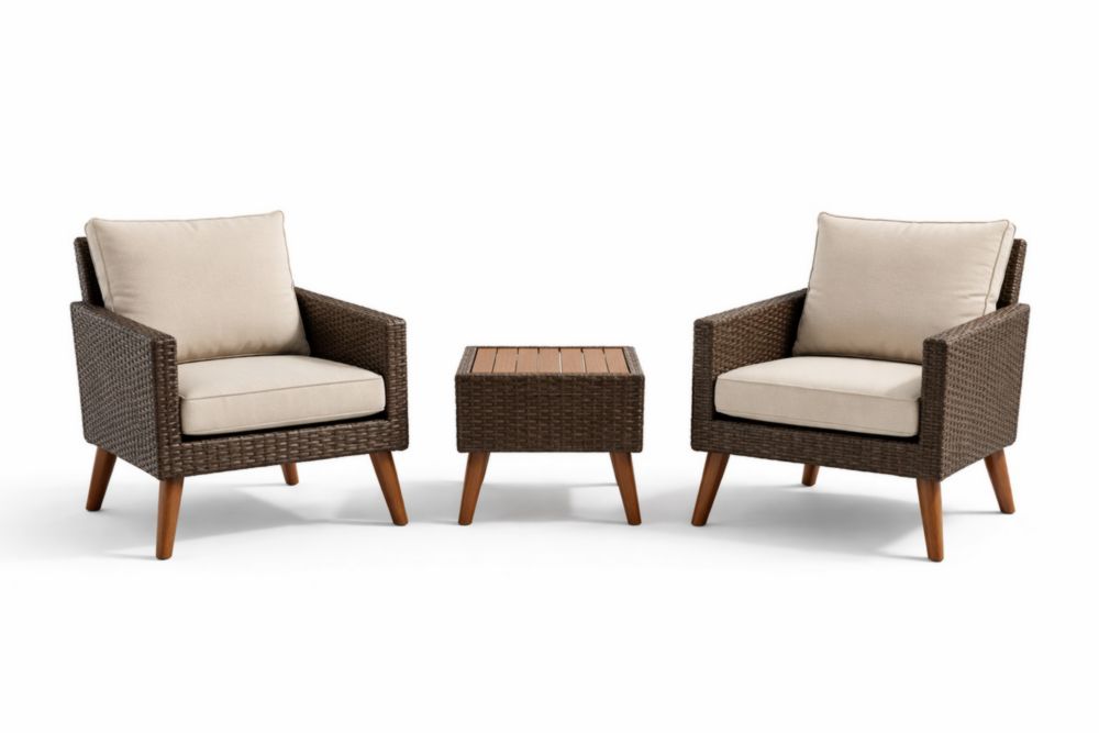 3-Piece Wicker Patio Chair Set with Polyester Cushions and Acacia Wood Legs-Livomirae