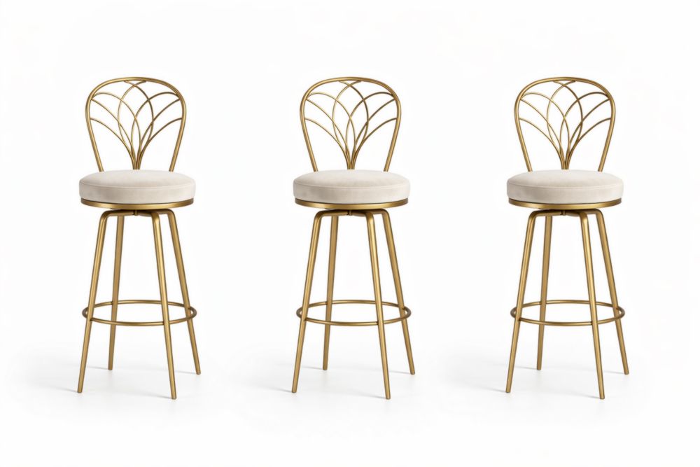 Set of 3 Gold Metal Swivel Bar Stools with Polyester Fabric Cushions