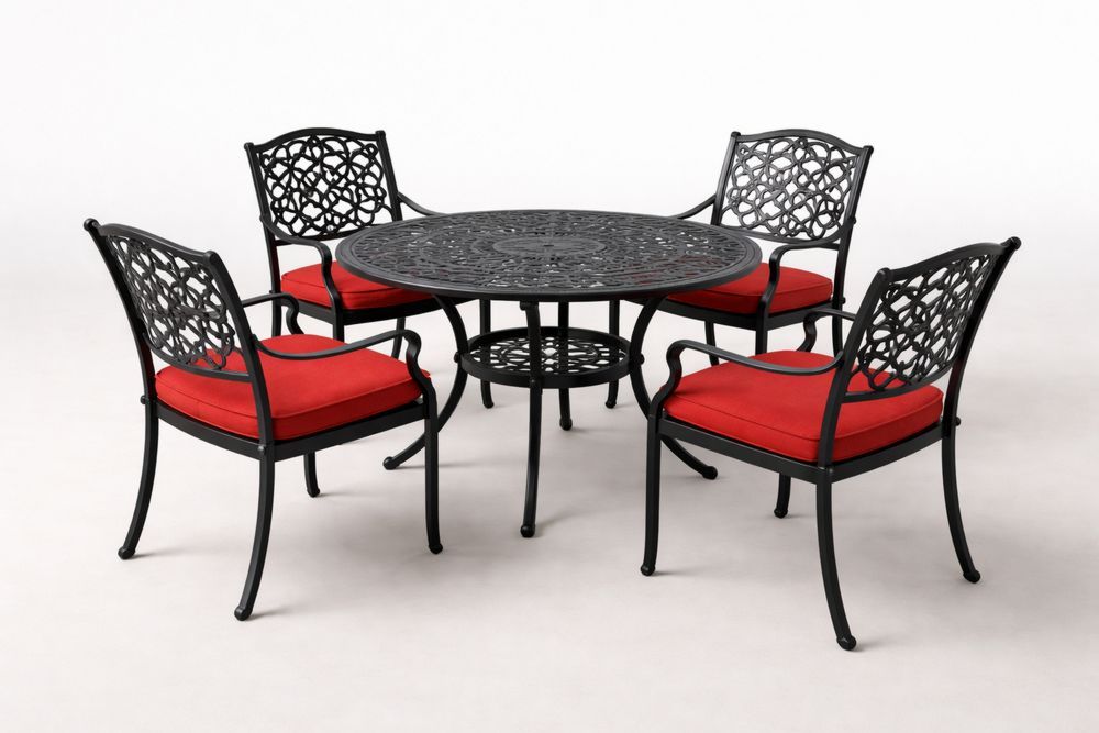 Outdoor Aluminum 5-Piece Dining Set with Round Table and Cushioned Chairs in Black and Red