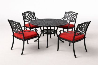 Outdoor Aluminum 5-Piece Dining Set with Round Table and Cushioned Chairs in Black and Red