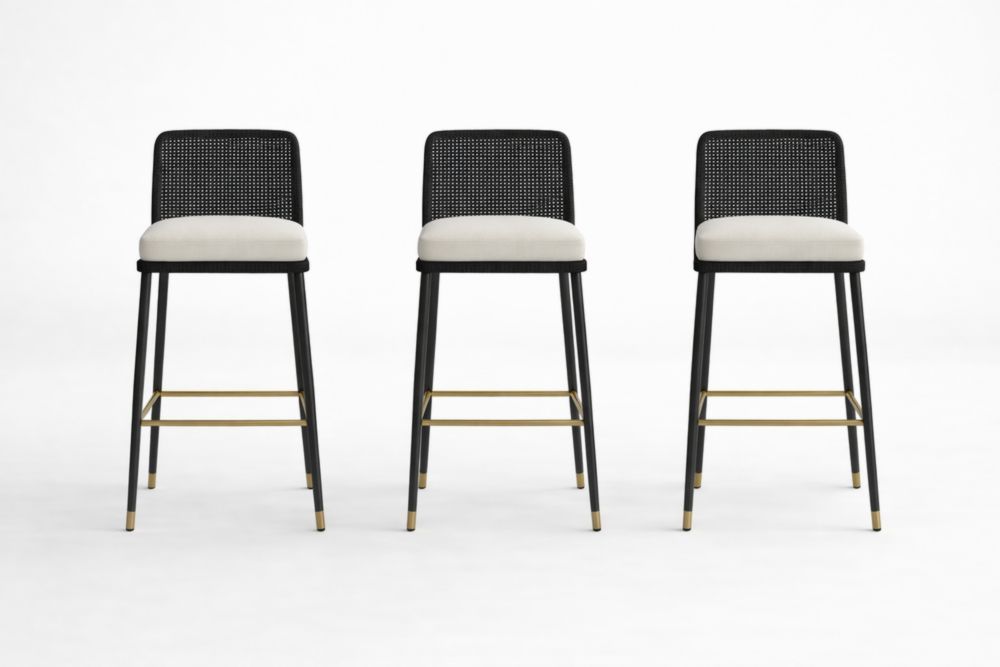 Set of 3 Metal Frame Bar Stools with Rattan Back and Beige Fabric Seats