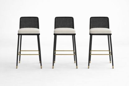 Set of 3 Metal Frame Bar Stools with Rattan Back and Beige Fabric Seats