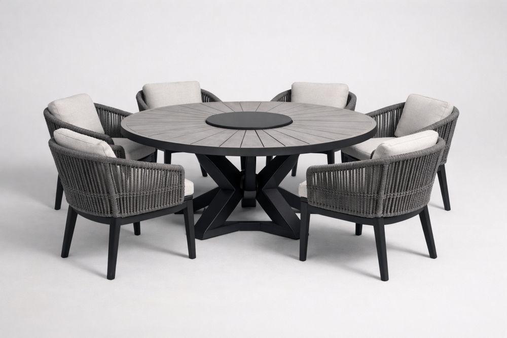Wood composite and Steel Outdoor Dining Set with Rope Chairs and Cushions