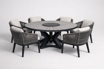 Wood composite and Steel Outdoor Dining Set with Rope Chairs and Cushions