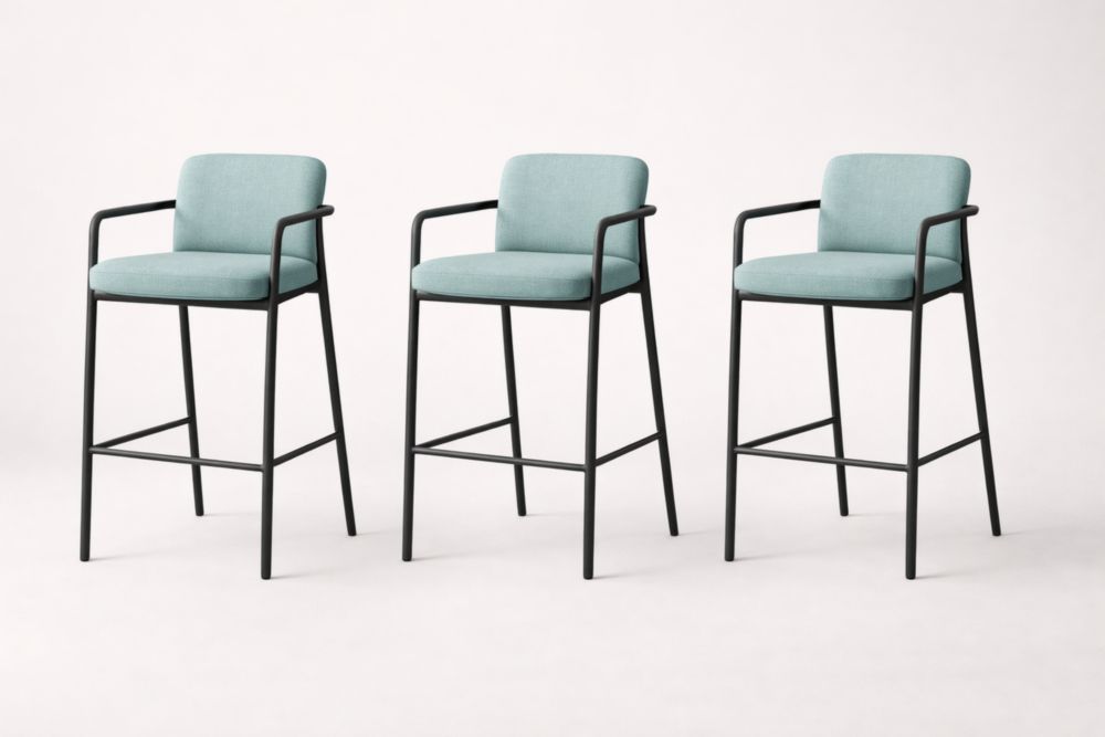 Set of 3 Fabric Bar Stools with Metal Frame in Light Blue